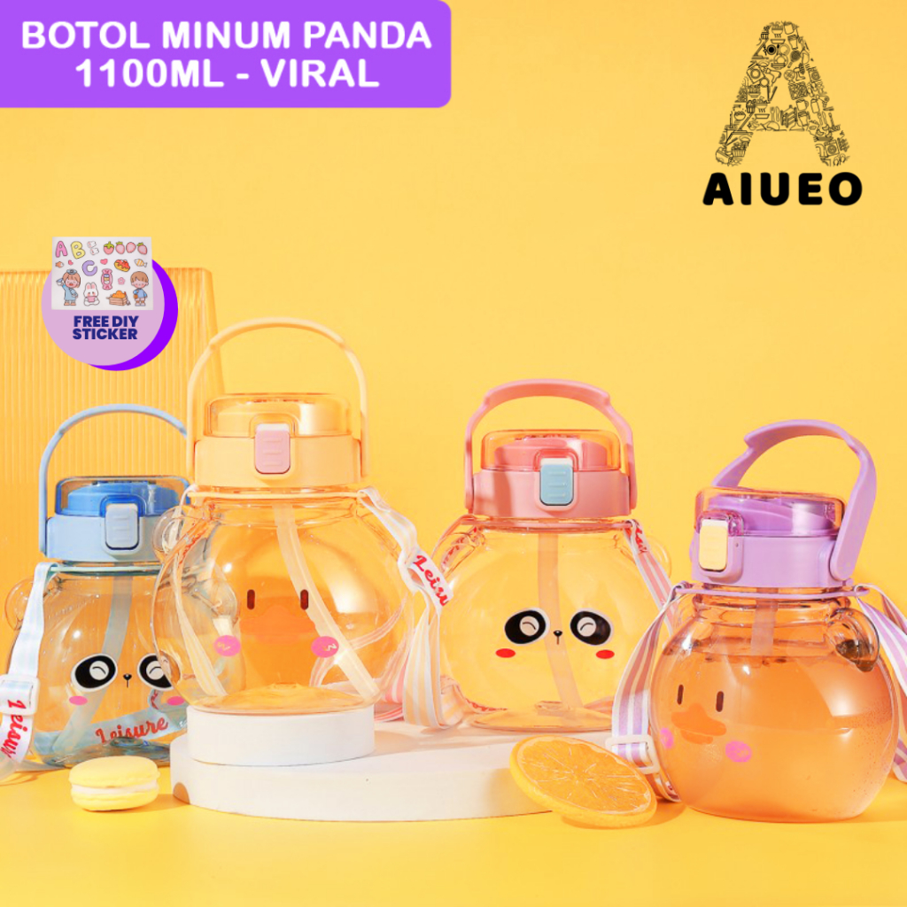 GRATIS STIKER KOREA | Botol Minum Panda Viral 1,1 Liter Bulat Sedotan Anti Bocor Free Sticker Korea Viral Murah Anti Pecah | Botol Minum anak Sekolah TK SD Botol Sekolah