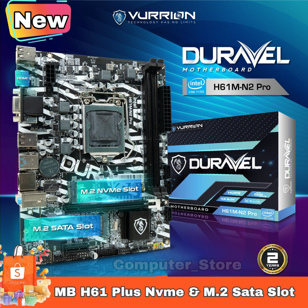 Mainboard H61M-N2 PRO Duravel Vurrion Intel LGA 1155 - Mobo H61 Gen 2 Sandy Bridge / 3 Ivy Bridge Support Slot Nvme Chipset Intel B75 Mb Untuk Gaming Office Admin Garansi Resmi 2 Tahun