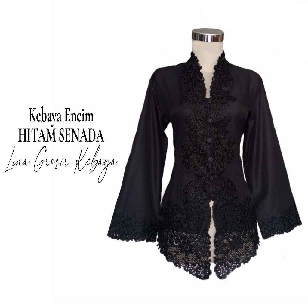 Kebaya Encim Bordir Katun Stretch Hitam Senada Lengan Panjang