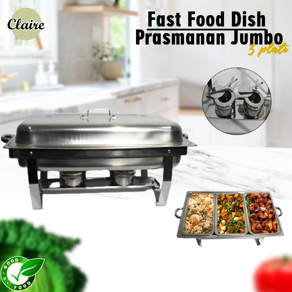 Prasmanan Jumbo 3 Sekat Set Wadah Saji Stainless Steel / Fast Food Dish Prasmanan 11 Liter