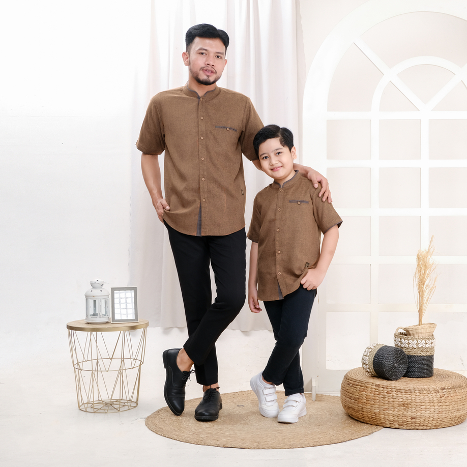 Mufatih Kemeja Koko Couple Ayah Anak Kemko Azran Cokelat