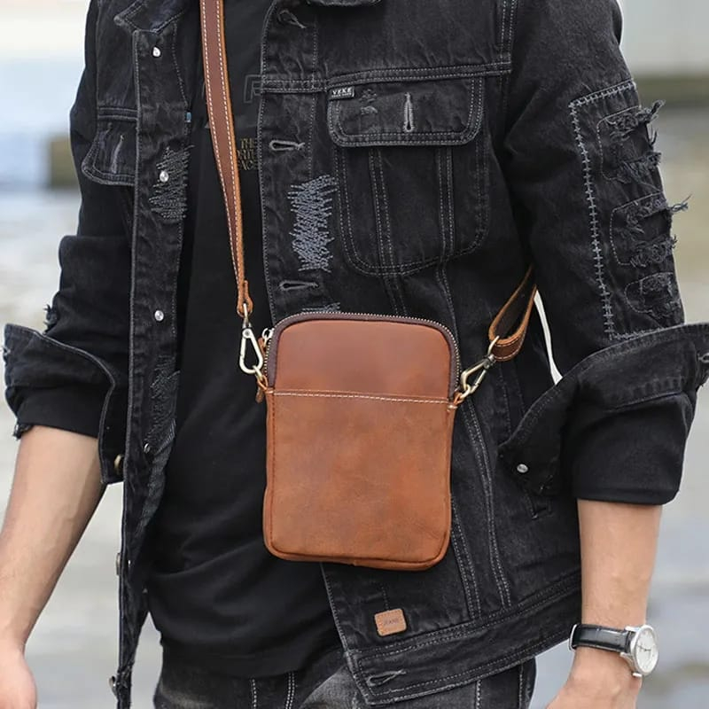 Tas Ponsel Mini Pria Trendi Kasual Gaya Vertikal Retro Kulit Asli Garut