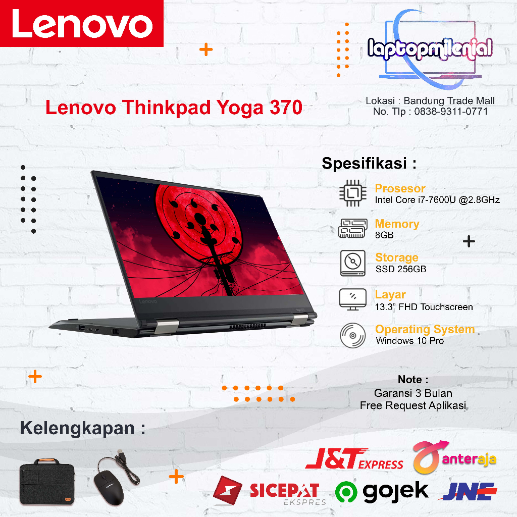 Laptop 2 in 1 Yoga 370 Core i7 7th Gen Ram 8GB SSD 256GB 13.3 Inch FHD Touch Flip 360° Mulus Bergaransi