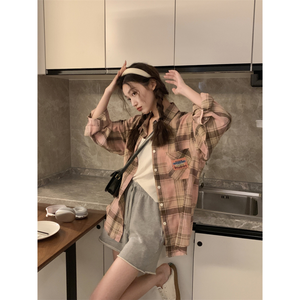 Korea Style Fashion Kemeja Panjang Kasual Atasan Baju Wanita Plaid Blouse Shirt