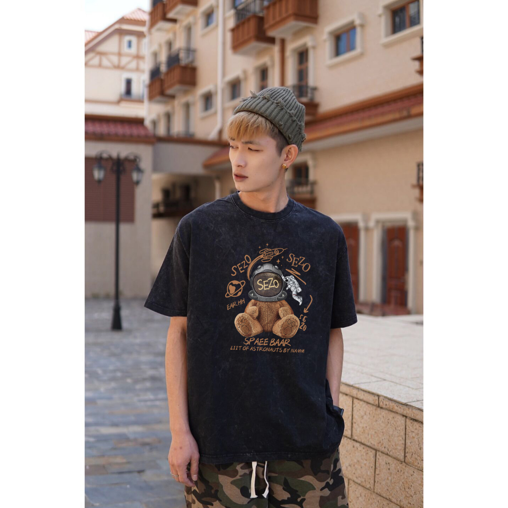 RDGF kaos cowok keren kaos kekinian (kapas 100%) Washed oversized kaos oversize cowok Teddy bear graphic T-shirt black washed tshirt/A0148