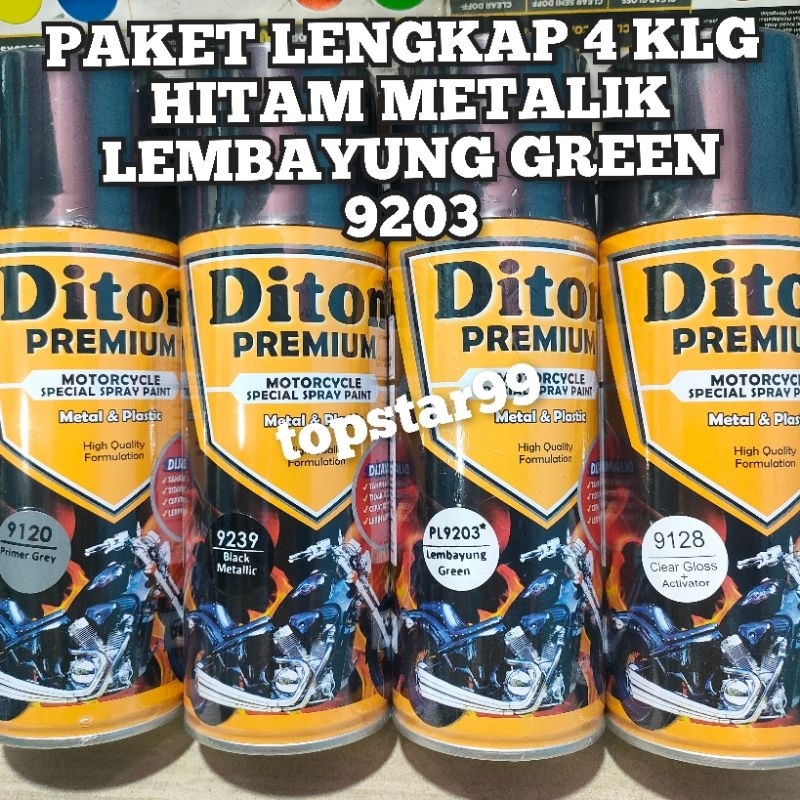 Diton Premium Paket Lengkap 4 Kaleng 400cc Hitam Metalik Lembayung Green Hijau Primer Grey 9120 Black Metalic 9239 Clear Glossy 9128 Pilox Pilok Cat Semprot Spray Paint