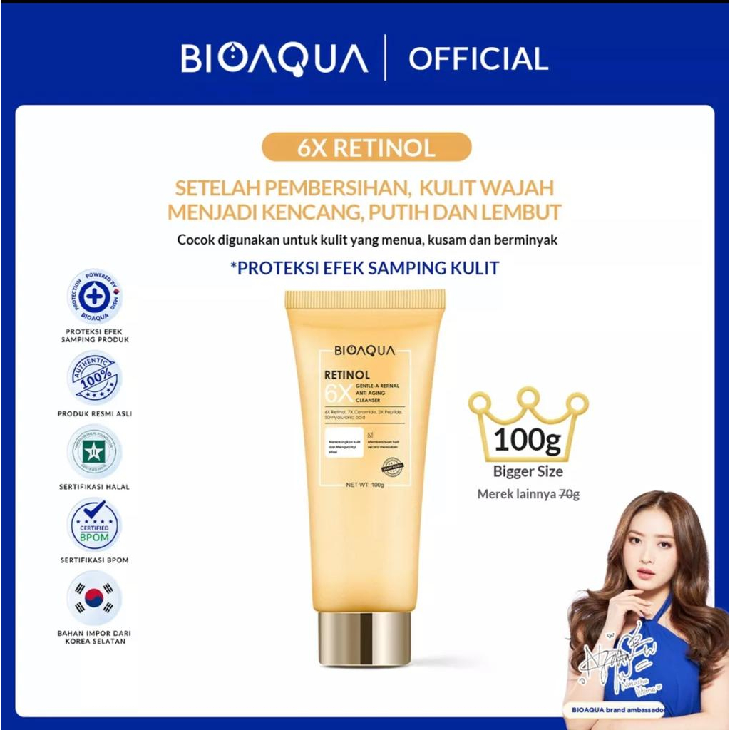 BIOAQUA 6X Gentle-A Retinol Amino Facial Wash Anti Aging Low pH Gentle Cleanser 100g Brightening Sabun Cuci Muka Membersihkan pori-pori secara mendalam