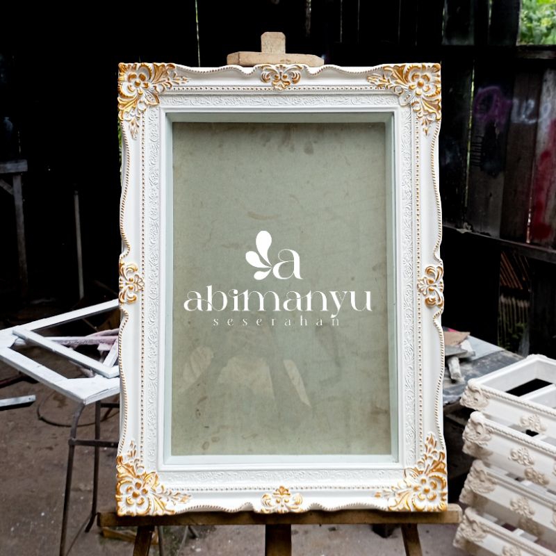 Pigura Mahar Ukir Belgi 40x60 | Frame Vintage Klasik Full Putih