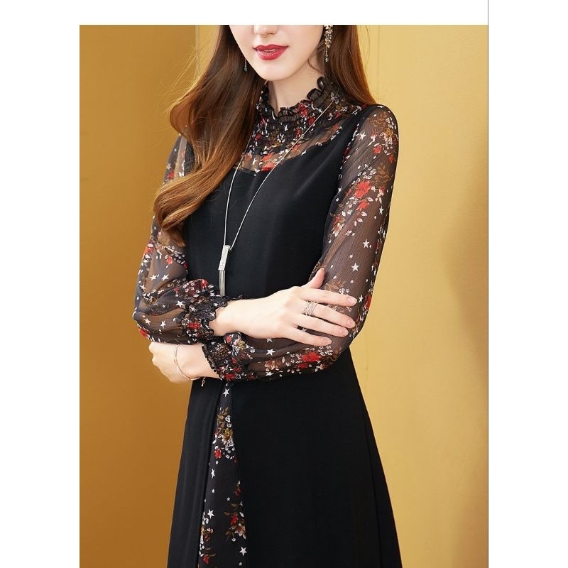 Dress spring and autumn fashion temperament new slim fake two-piece mid-length chiffon floral M509