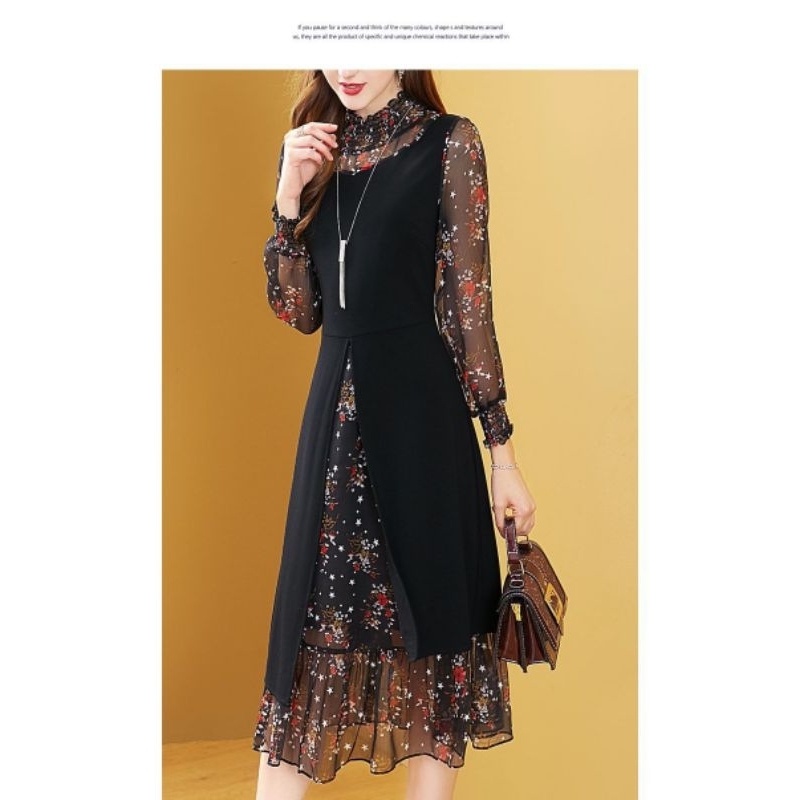 Dress spring and autumn fashion temperament new slim fake two-piece mid-length chiffon floral M509