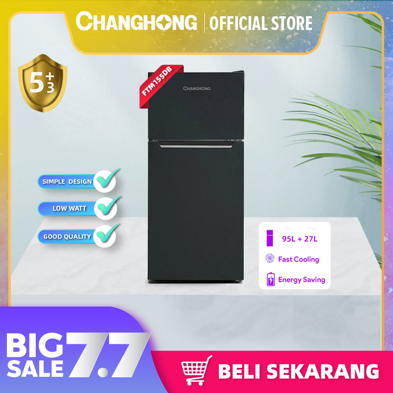 Changhong  Kulkas 2 Pintu  (Refrigerator) Lemari Es  Kapasitas 122 Liter FTM155DB Black (Semi Auto Defrost) (Kulkas Minimalis Design Korean Look) (Kulkas Fleksibel) (Kombinasi Pendingian Dan Pembekuan) ( Kulkas Temperred Glass)