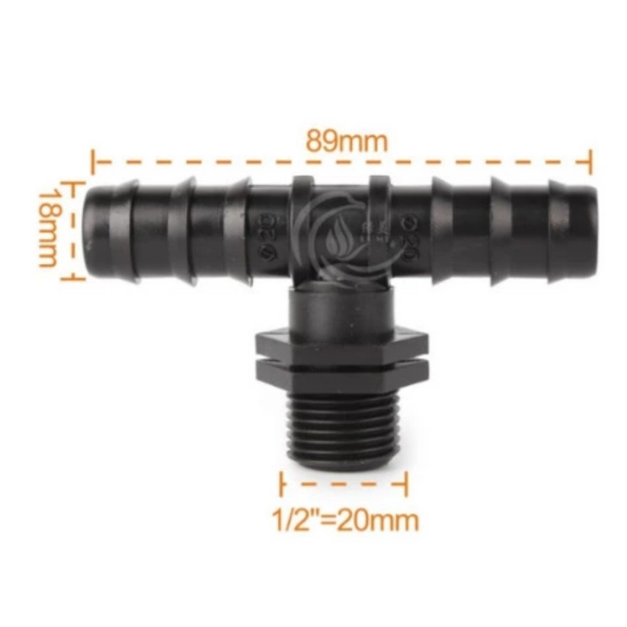 Konektor Tee Male Thread Drat 1/2 inch ke Selang 20 mm 20mm T Reducer utk Irigasi Uniring Hidroponik