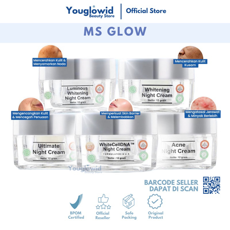 【Official Store】MS GLOW Night Cream MsGlow | Acne Whitening Luminous Whitecell Ultimate | Cream Malam Jerawat Kusam Flek Pori Pori Besar Pelembab Pencerah