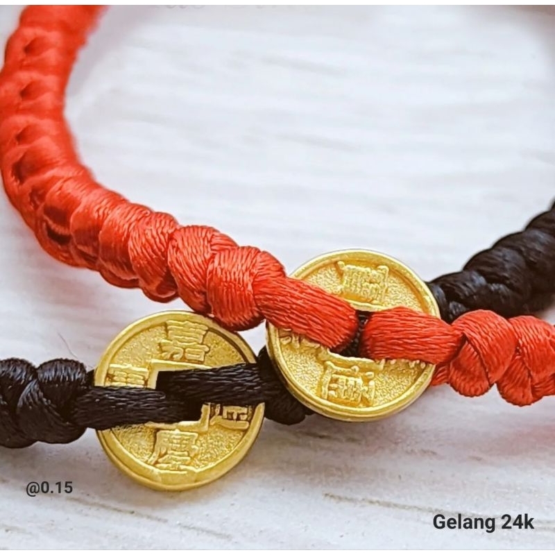 gelang tali cina keberuntungan charm koin cina pipih emas asli 24k hongkong 999