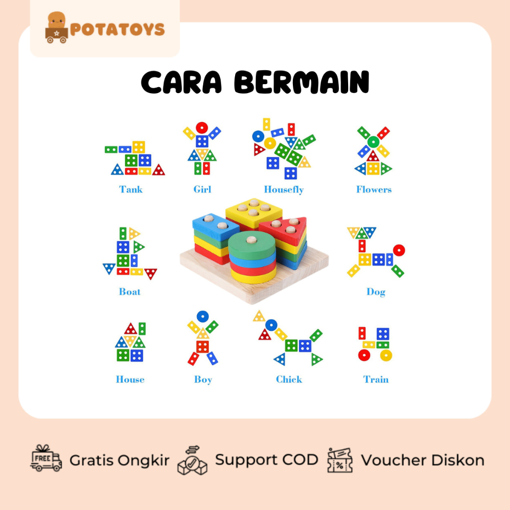 [ Potatoys ] Mainan Edukasi Anak Basic Shape Kayu Balok 4 Shape Bloc