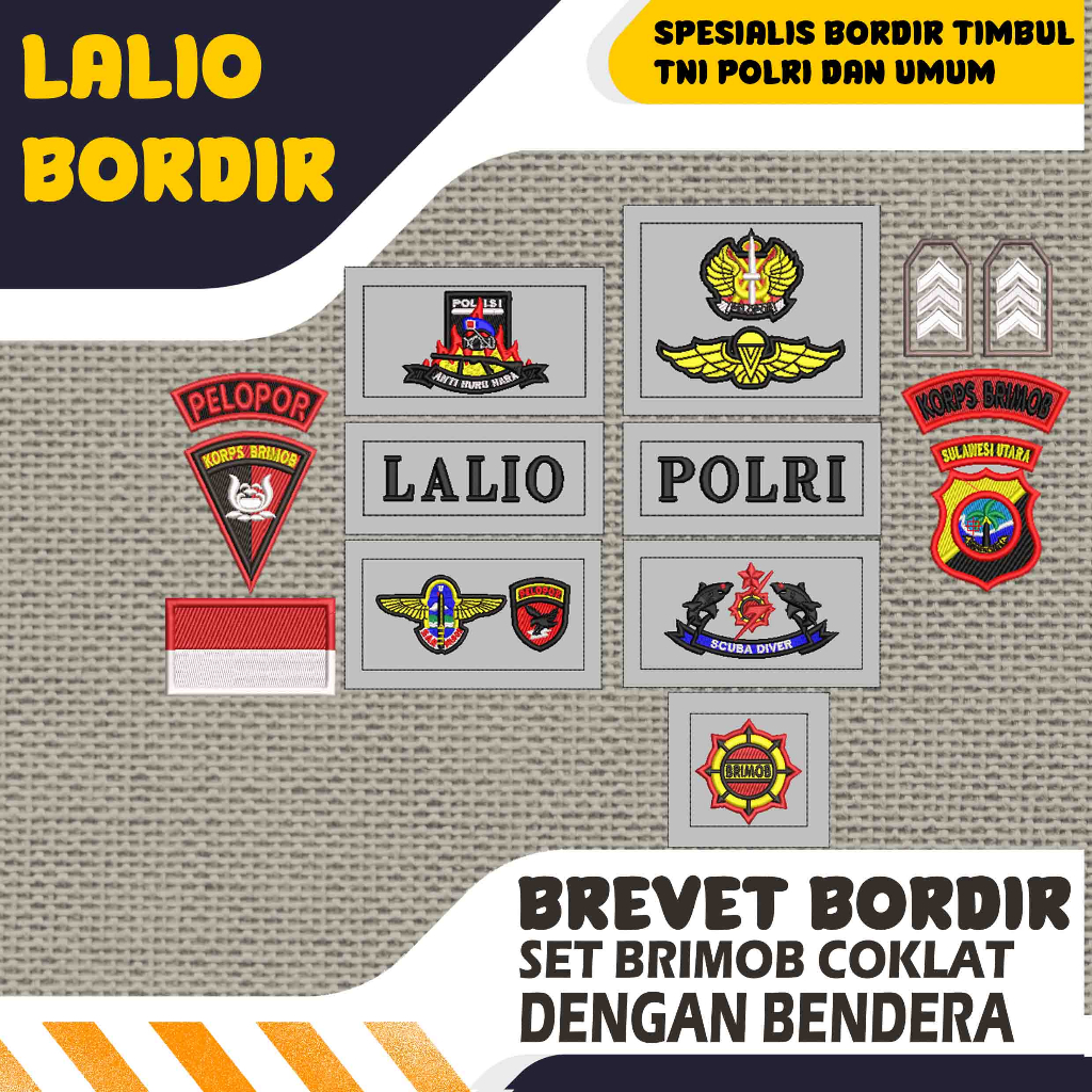 RB6 BORDIR SET BRIMOB COKLAT LENGKAP TIMBUL