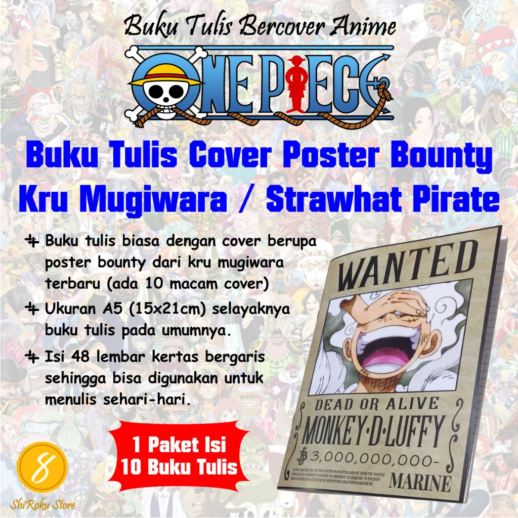 

Buku Tulis bercover Poster Bounty Wanted Mugiwara Crew Anime One Piece