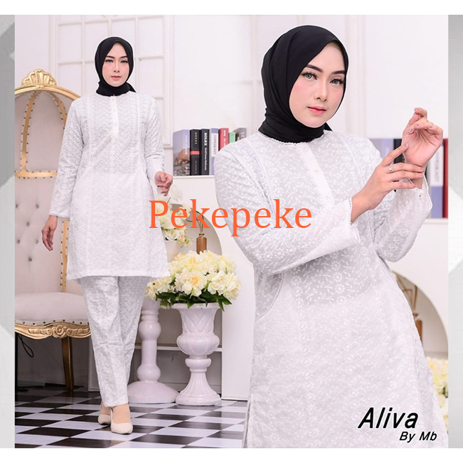 Baju Setelan Wanita Muslimah Bahan Katun Bordir Premium Warna Putih, Baju Atasan Tunik Dan Celana Al