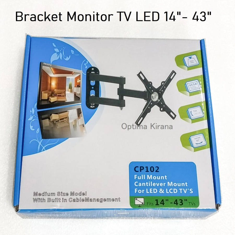 Bracket Full Motion Putar Monitor PC TV LED 17 19 21 24 27 32 37 43 in