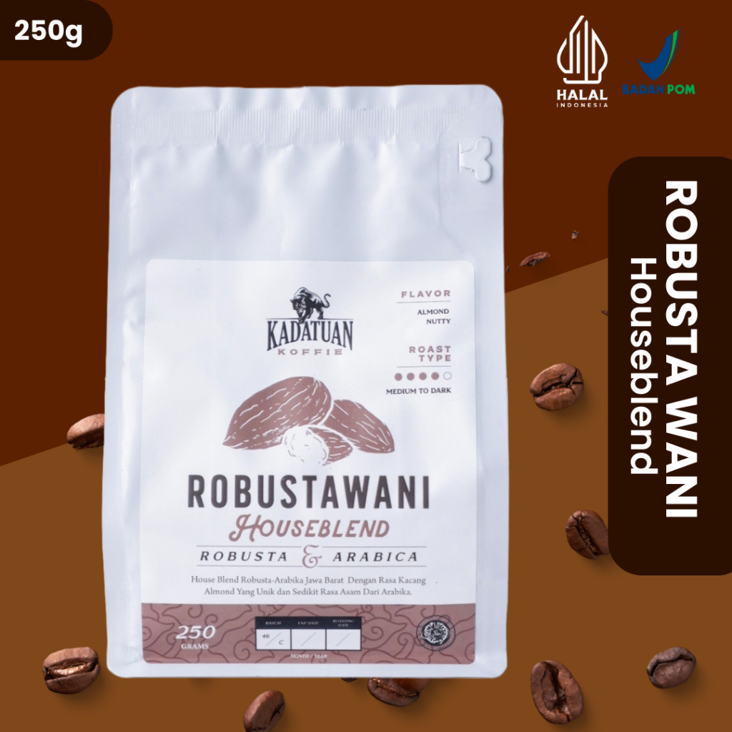 

Espresso Base - Robusta Wani - House Blend 250g Roasted / Bubuk - Biji - Kopi Robusta 250 grm - Kadatuan Koffie