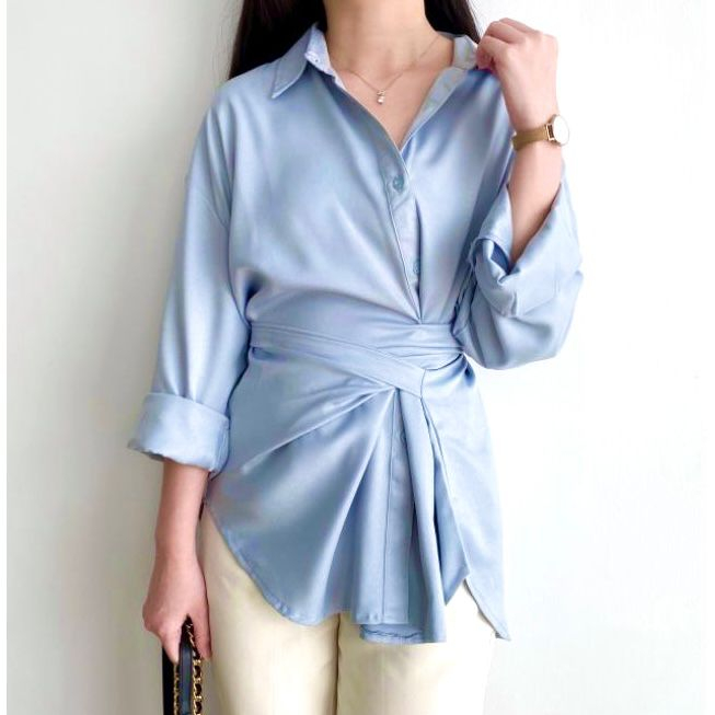 Lalita Shirt Bahan Shakila Kemeja Wanita Full Kancing Lengan Panjang Ikat Tali Korean Style OOTD Remaja