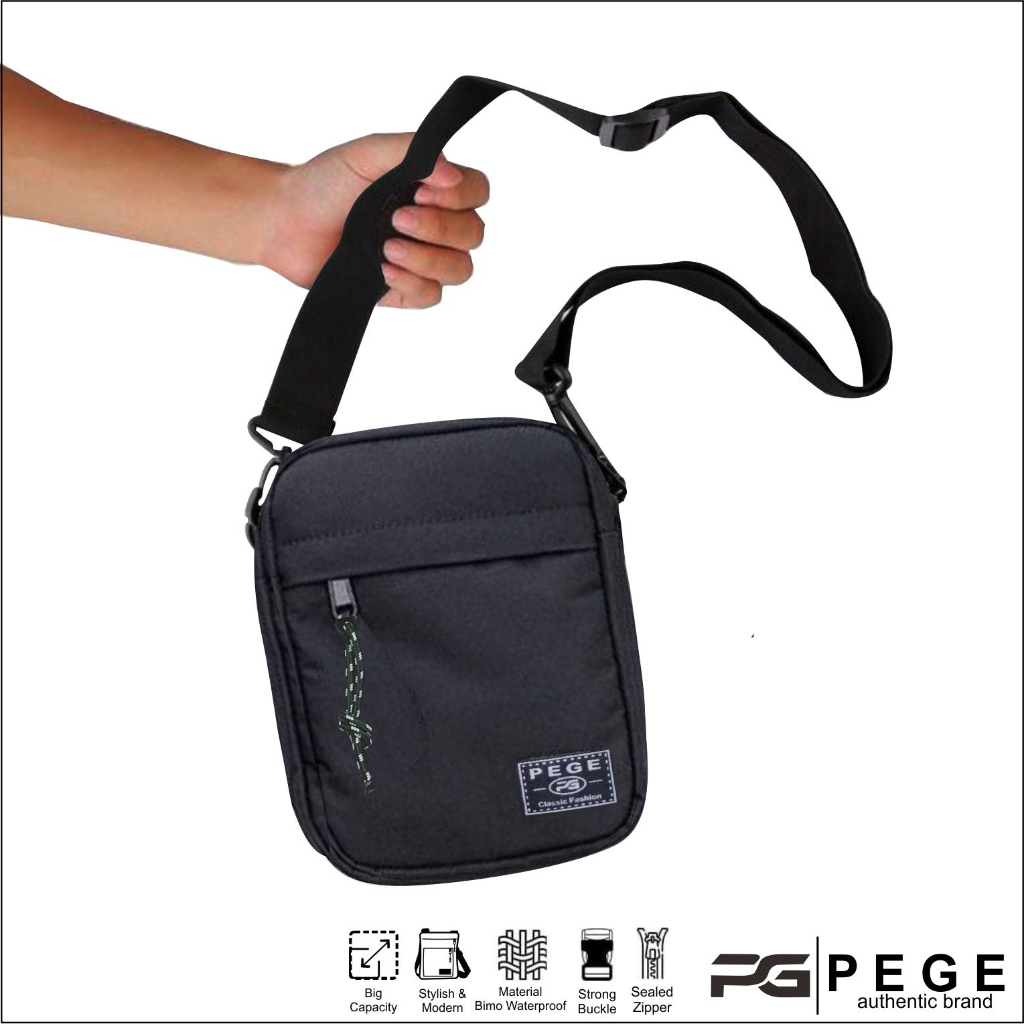 Tas Selempang Pria Slingbag PEGE Monthy bahu Kasual Warna Hitam Model Polos  - PG 8938