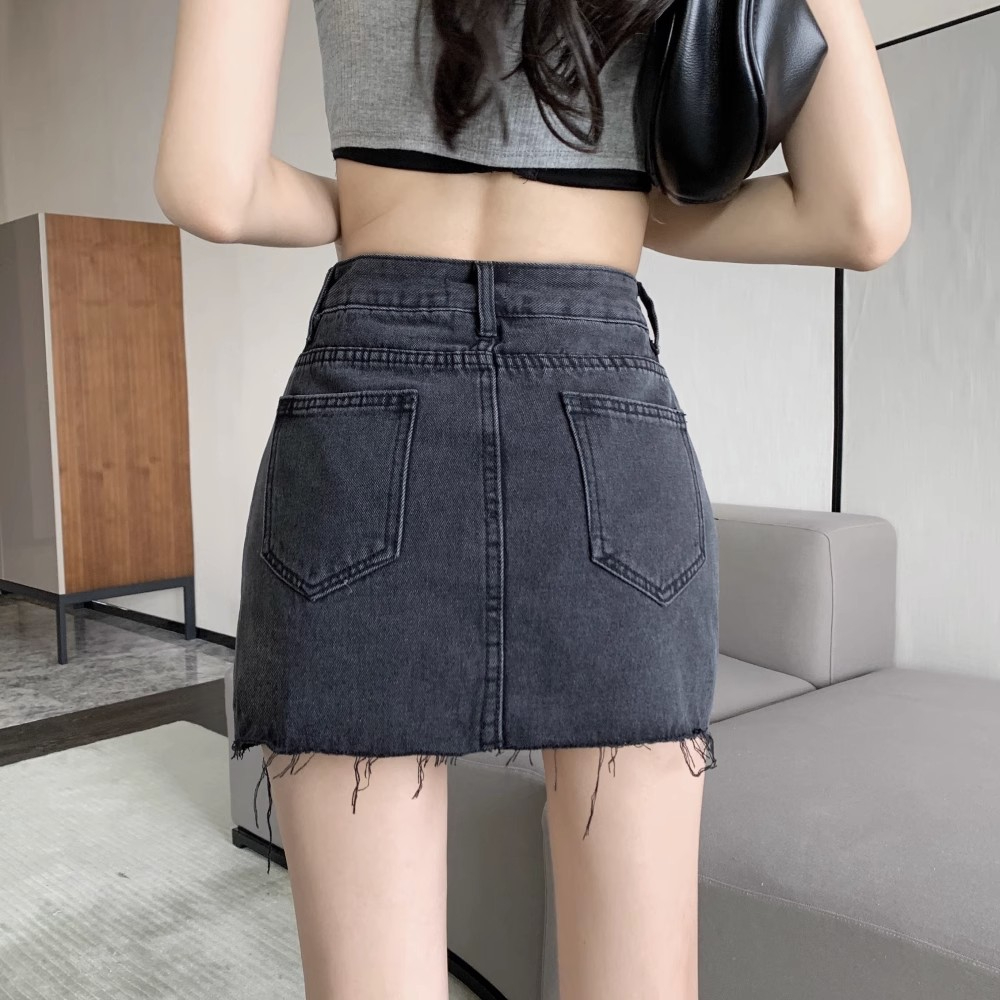 Rok span hitam rok jeans pendek wanita midi skirt korea rok jeans highwaist ripped terbaru 2023