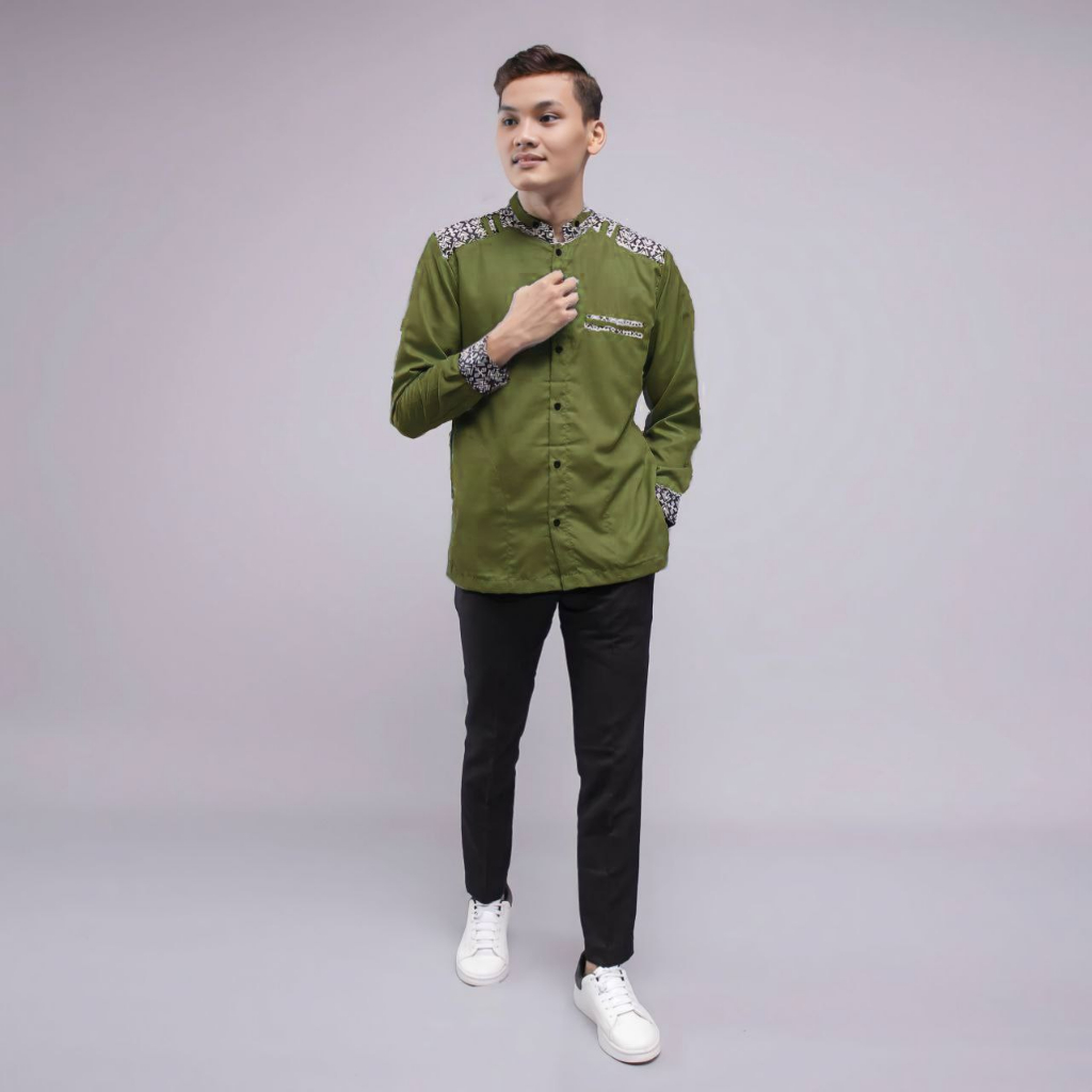 Baju Koko Pria Lengan Panjang Motif Adidaz Kombinasi Batik Warna Army