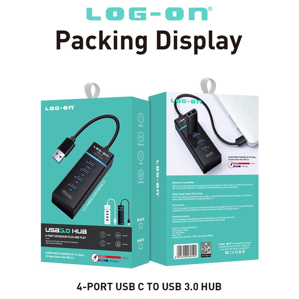 USB HUB LOGON 3.0 4port High Speed Power USB A to USB A, 0.15 meter PROMO SEN