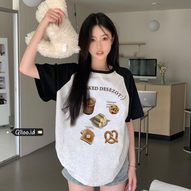 Print T-shirt Kaos Lengan Pendek Vintage Dessert Afternoon Tea Printing Oversize Atasan Wanita Korean Style