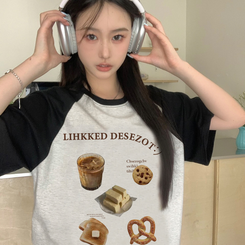 Print T-shirt Kaos Lengan Pendek Vintage Dessert Afternoon Tea Printing Oversize Atasan Wanita Korean Style