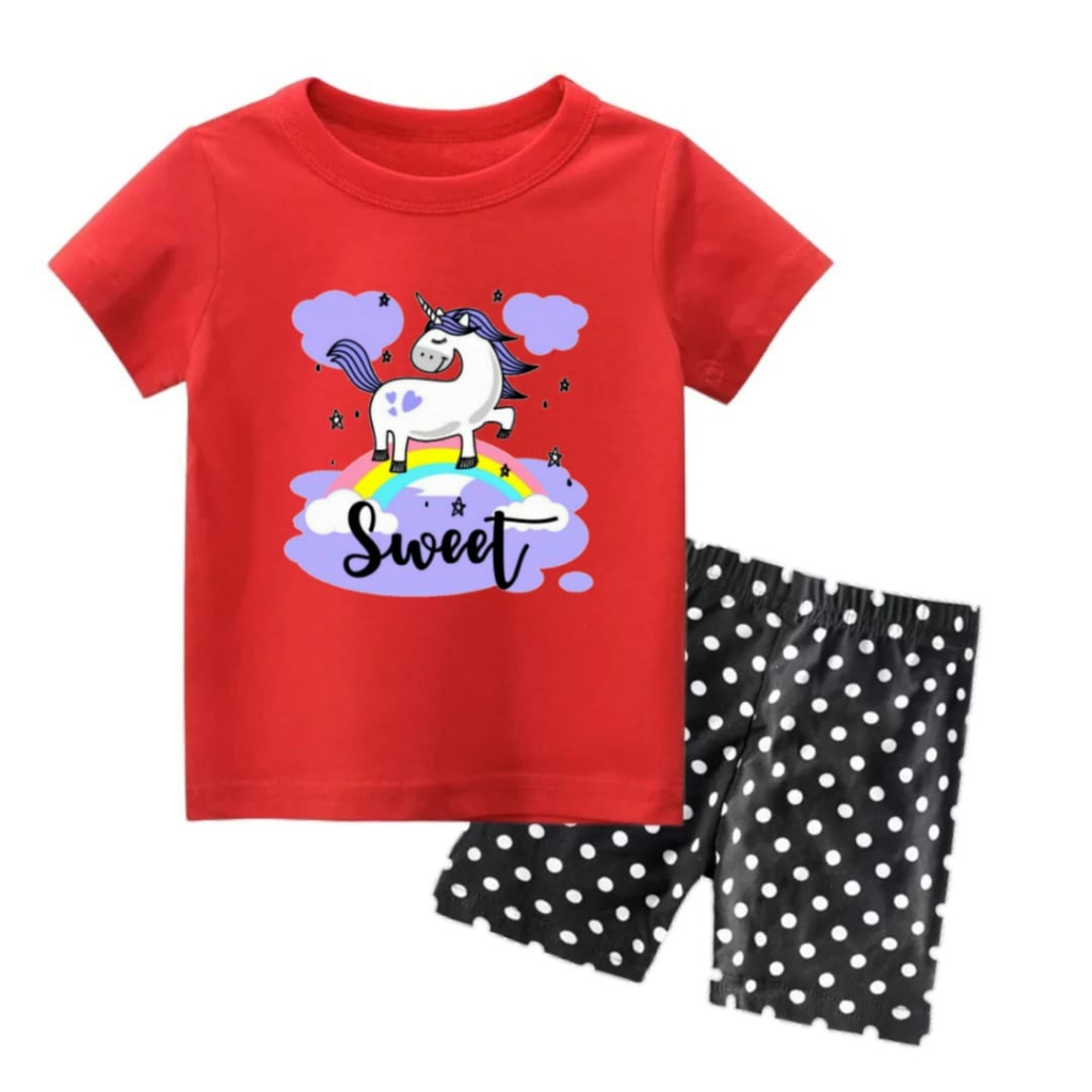 Rdkidzid Set Baju Kaus Lengan Pendek Anak Perempuan Motif Pony Sweet