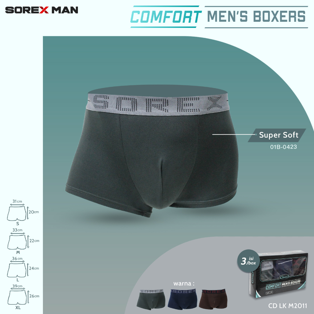 CD Sorex Comfort Men’s Boxer LK M 2011 | Celana Dalam Pria Boxer Katun Super Soft 1 Box Isi 3