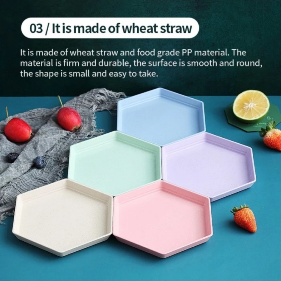 Piring Hexagon Wheat Straw Plastik Segi Enam Dekorasi Meja Makan Saji
