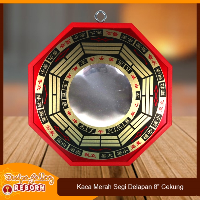 Kaca Cermin Cekung Fengshui Pat Kua Pakua /Ba Gua Segi Delapan Red 8&quot;