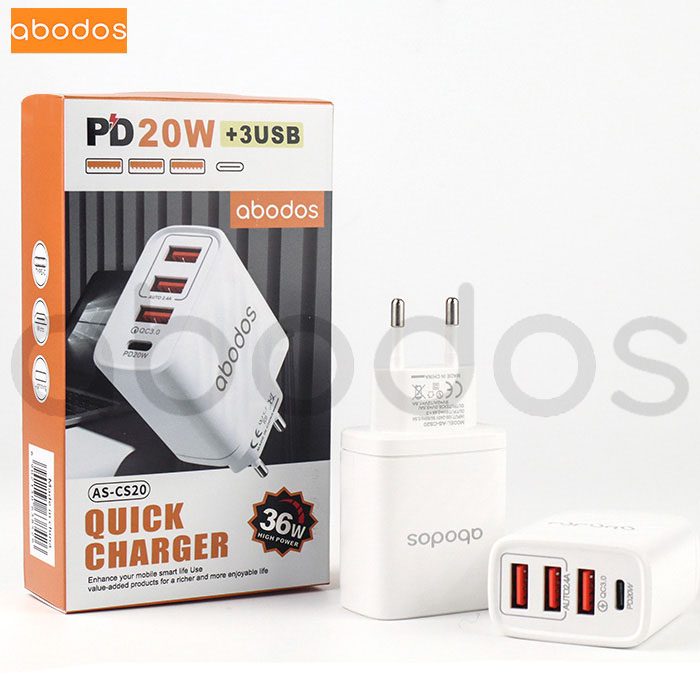 Abodos PD 20W + 1 USB QC 3.0 + 2 USB 2.4A 36W MAX HIGH POWER