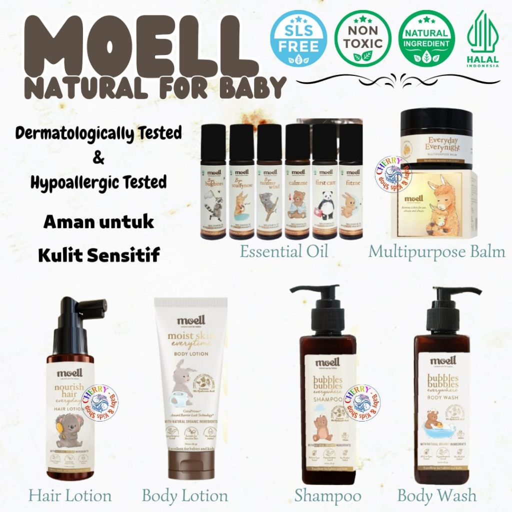 Moell Hair Lotion / Moist Skin Everytime / Bubbles Shampoo Everywhere / Body Wash / Multipurpose Balm / Essential Bayi / Perlengkapan Skincare &amp; Mandi Bayi CBKS