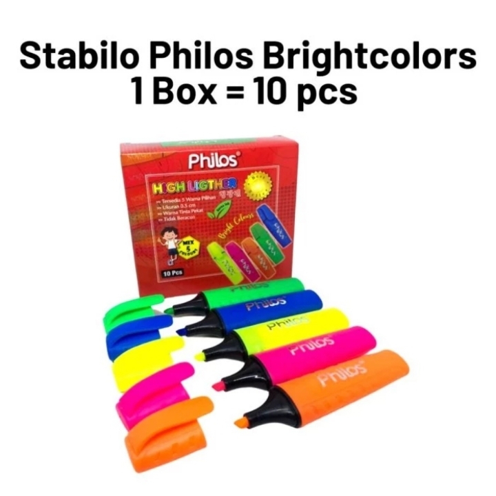 

HIGHLIGHTER MEREK PHILOS BRIGHT COLORS HARAG 1 KOTAK ISI 10 PCS