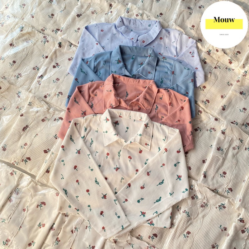 Kemeja Polo Shirt Motif Floral - Korean Floral Shirt - Longsleeve Polo Knitwear - Atasan Crop Wanita - Kaos Polo Lengan Panjang - Atasan Motif Bunga - Atasan Crop Top - Kaos Wanita Berkerah