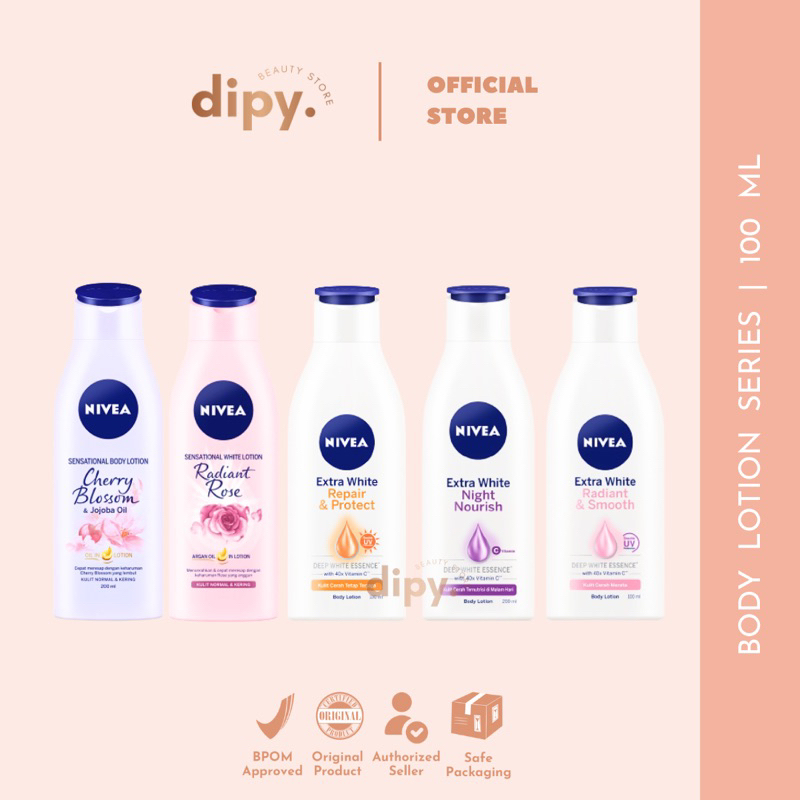 NIVEA - Body Lotion Series 100 ML Care &amp; Protect Radiant Smooth Night Nourish Instan Glow Anti Age Intensive Moisture Extra Bright 10 Super Vitamin Serum C&amp;E Skin Foods Lotion Mencerahkan Melembabkan Menghaluskan Anti UV Sunscreen Sunblock Official Viral