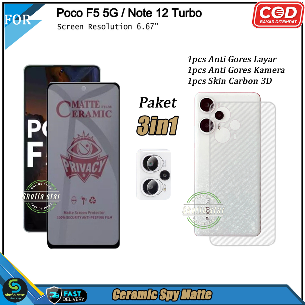 Paket 3in1 Tempered Glass Ceramic Spy Matte Xiaomi Poco F5 5G X5 Pro Anti Gores Anti Spy Full Layar