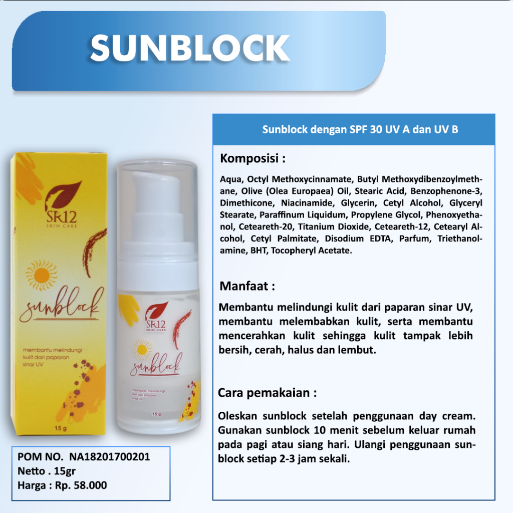 SUNBLOCK WAJAH SPF 30+ SR12 BPOM / MELINDUNGI KULIT DARI PAPARAN SINAR UV / CREAM PEMUTIH WAJAH / KRIM GLOWING