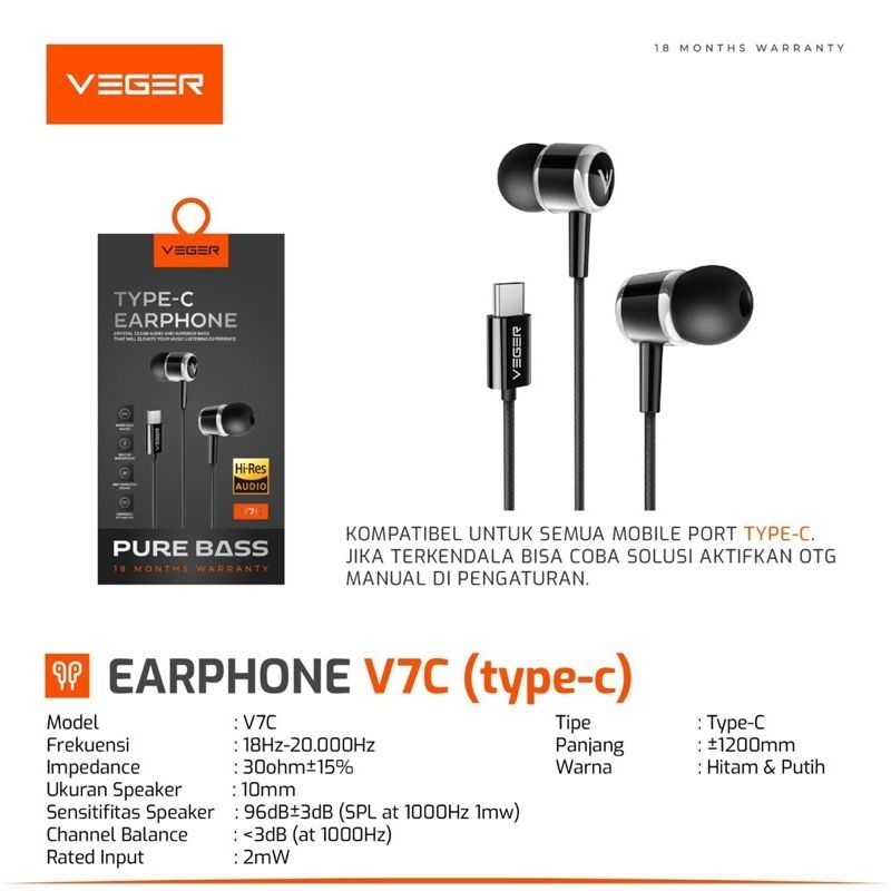 Veger Earphone In Ear Dengan Kabel Jack Tipe-c + Mic extrem bass surrounding sound