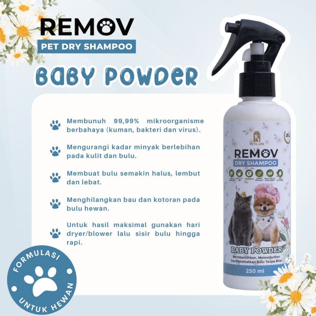 REMOV DRY SHAMPOO DRY KUCING ANJING 250ML-MELEBATKAN BULU TANPA BILAS