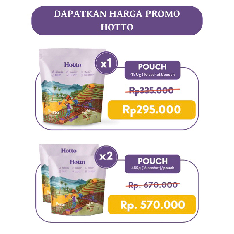 PROMO 2 Pouch Hotto Purto (32 sachet) - Superfood Multigrain dengan Ubi Ungu || Aman untuk Kolestrol, Diabetes, Maag