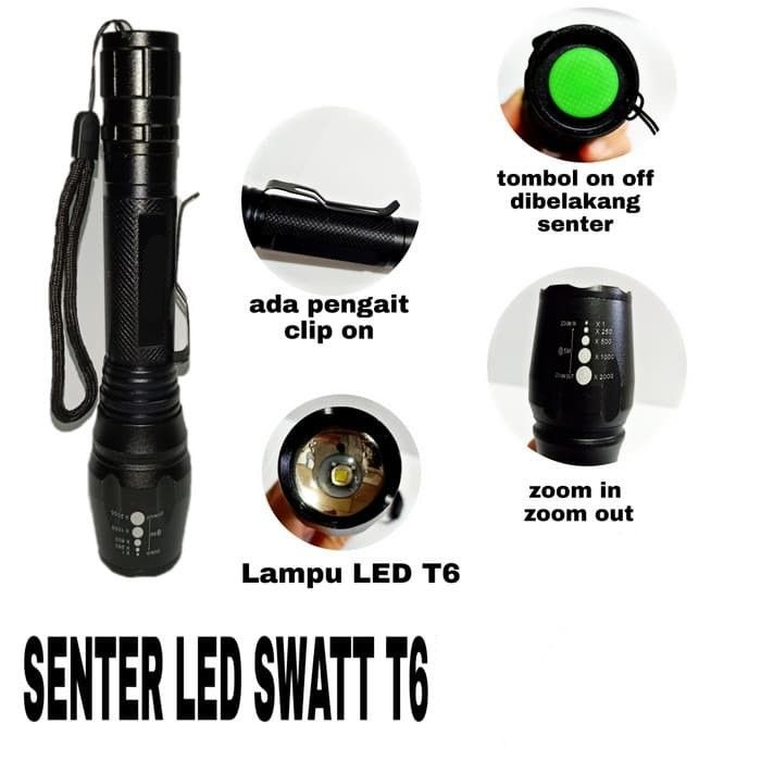 Senter Police SWAT T6 High Power - 2 Baterai 18650 Cas Rechargeable