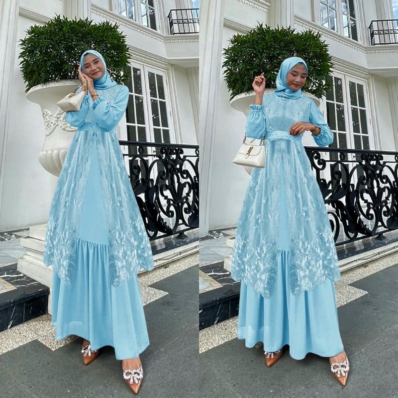 TerBaru Mona Gamis Rompi Outer Brukat Mewah Maxi  Set Dress Jumbo Seragam Pesta Kondangan Modern