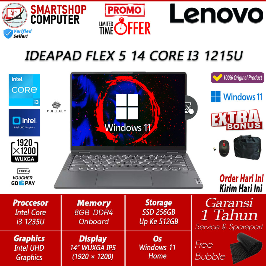 Laptop Flip Lenovo Ideapad Flex 5 Intel Core i3 1115G4 Ram 8GB 256GB SSD 14 FHD IPS 2in1 Touch Windows 11 Home Original