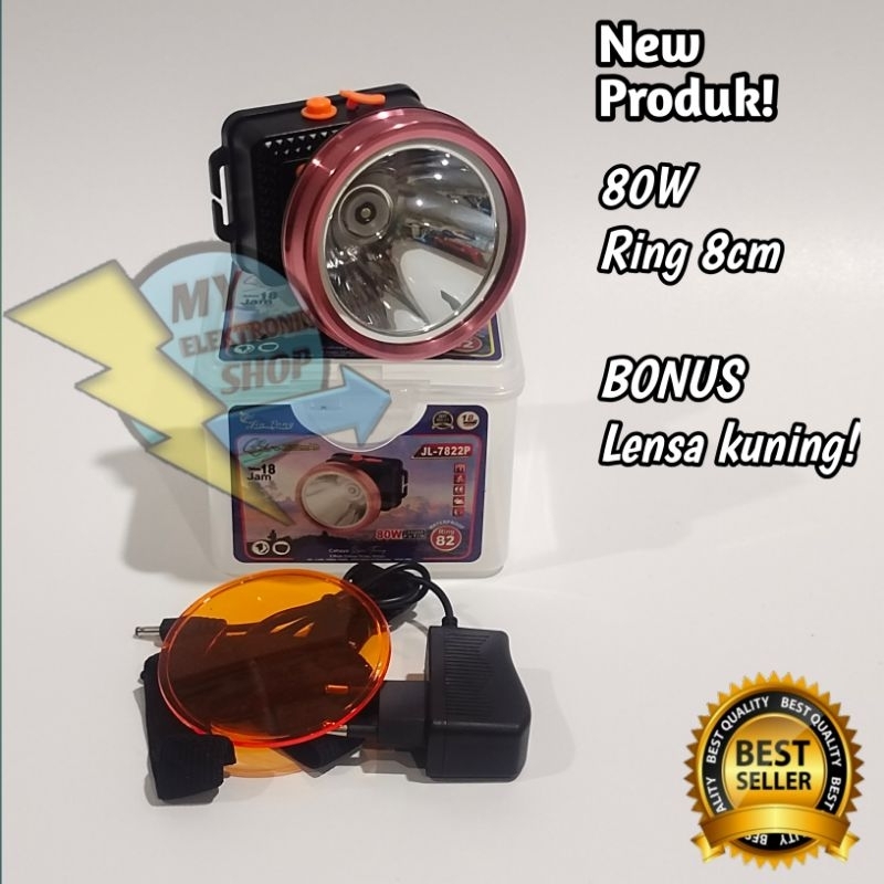 Senter kepala LED 80Watt Bonus lensa kuning, senter kepala charger , Headlamp LED 80W, senter kepala charger JIN LONG JL-7822