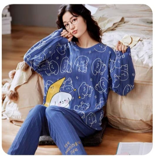 Piyama Couple Baju Tidur Couple Bear Moon Sleep Biru